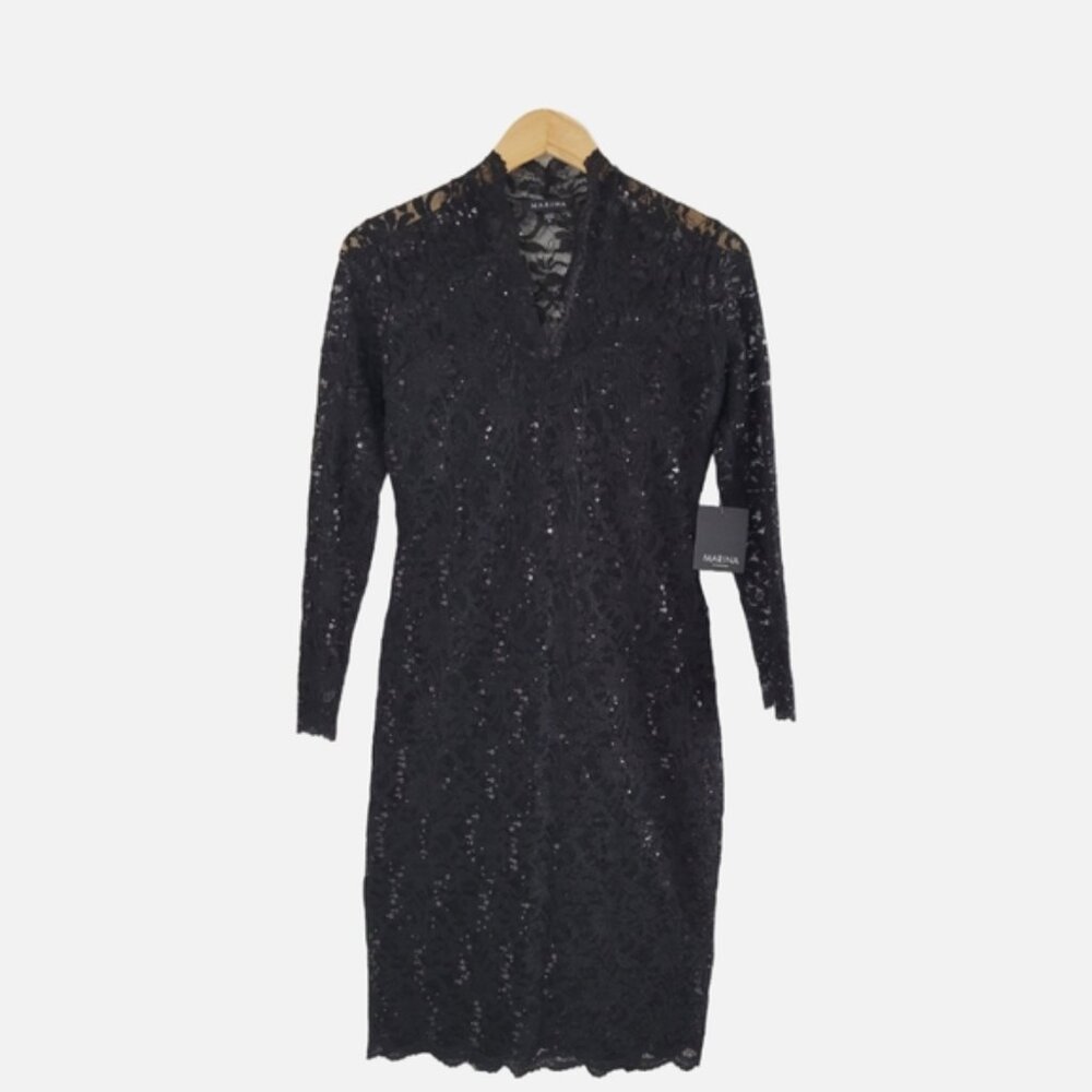 MARINA Lace Sequins Cocktail Long Sleeve Black Dress Size 8